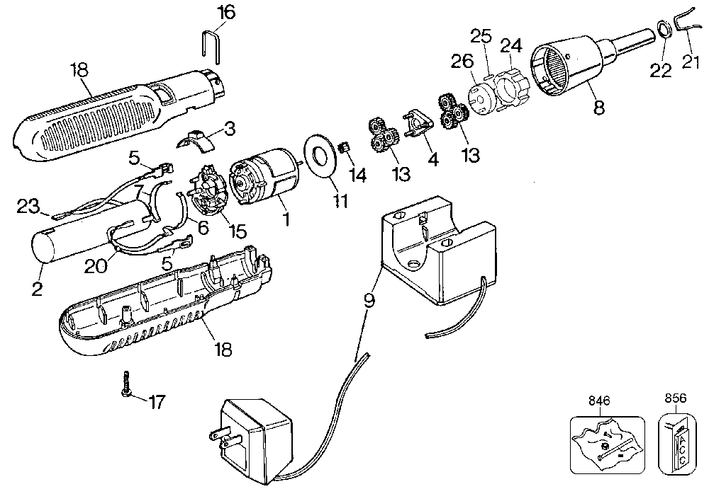 Exploded Diagram A Diagram and Parts List for 9072-33 Type 1 Black and Decker Cordless Drill